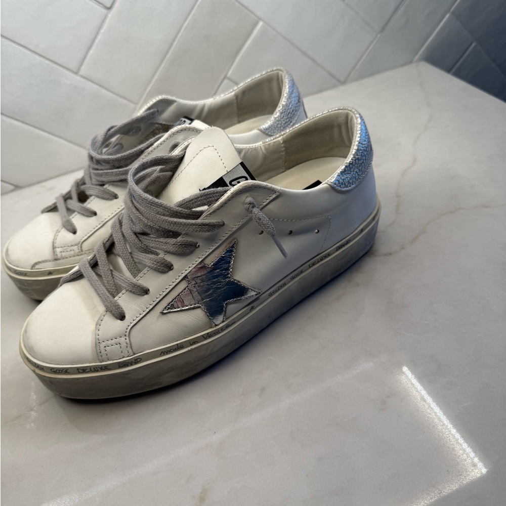 Golden Goose Hi Star White Leather Sneakers with Silver Star Accent Size 38